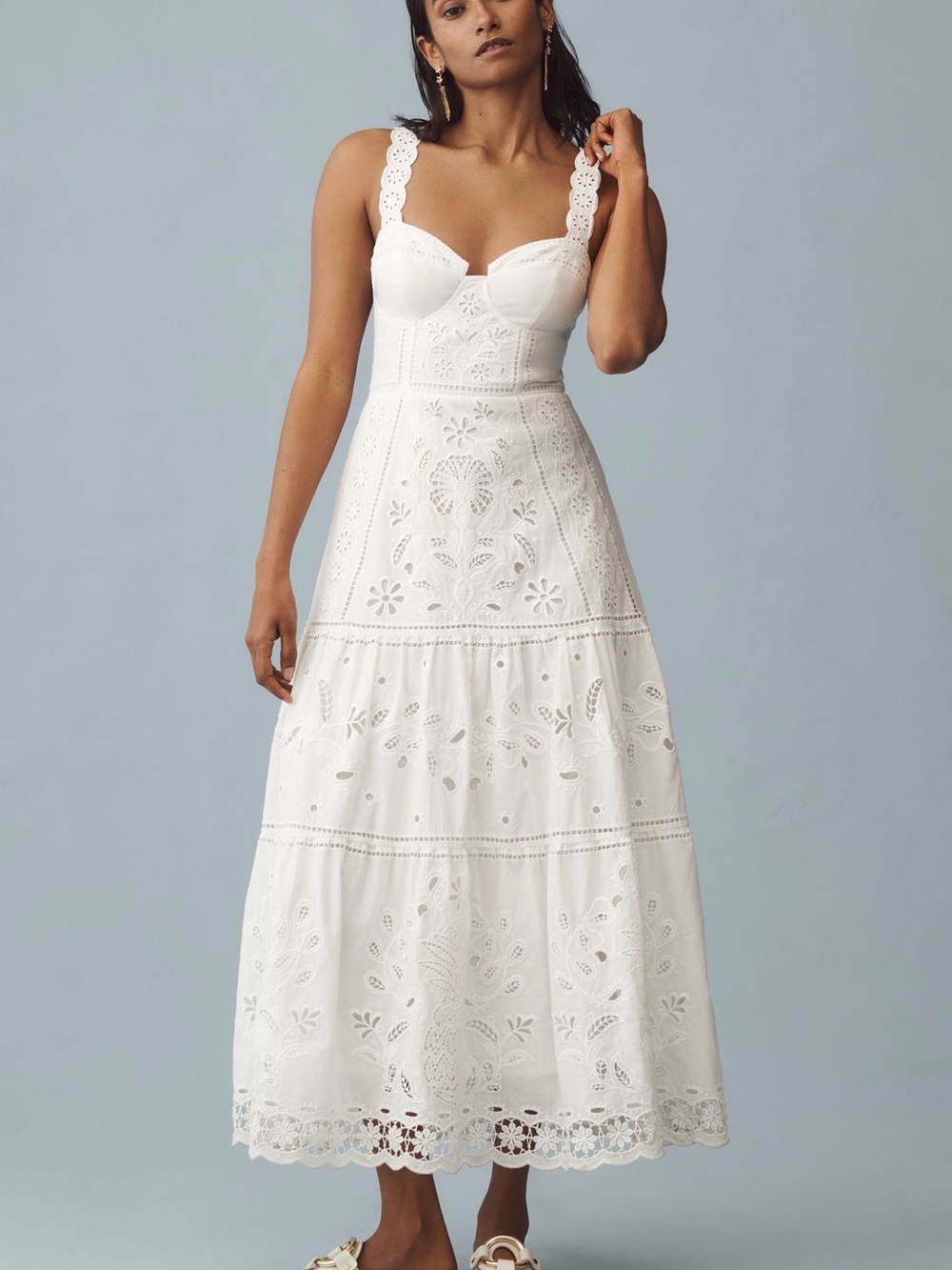 FARM Rio White Eyelet Midi Dress with Scalloped Straps